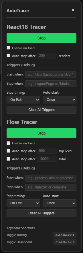 Dashboard panel with both tracers running.
