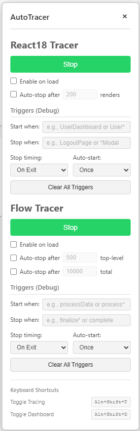 Dashboard panel with both tracers running.