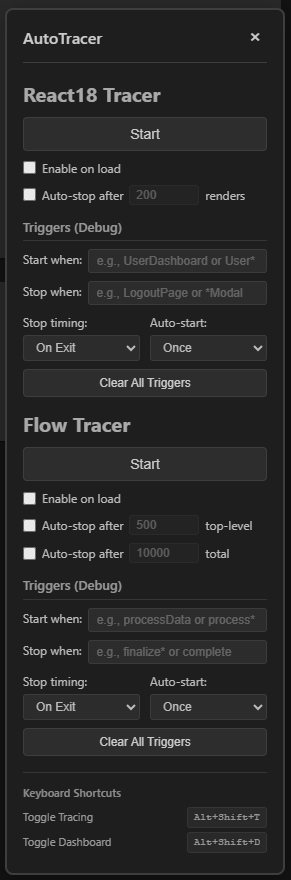 Dashboard panel with both tracers idle.