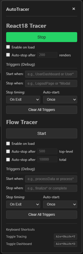 Dashboard panel with the React tracer running and the Flow tracer idle.