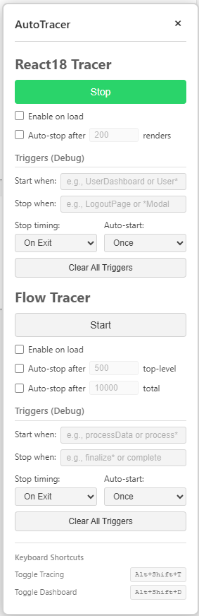 Dashboard panel with the React tracer running and the Flow tracer idle.